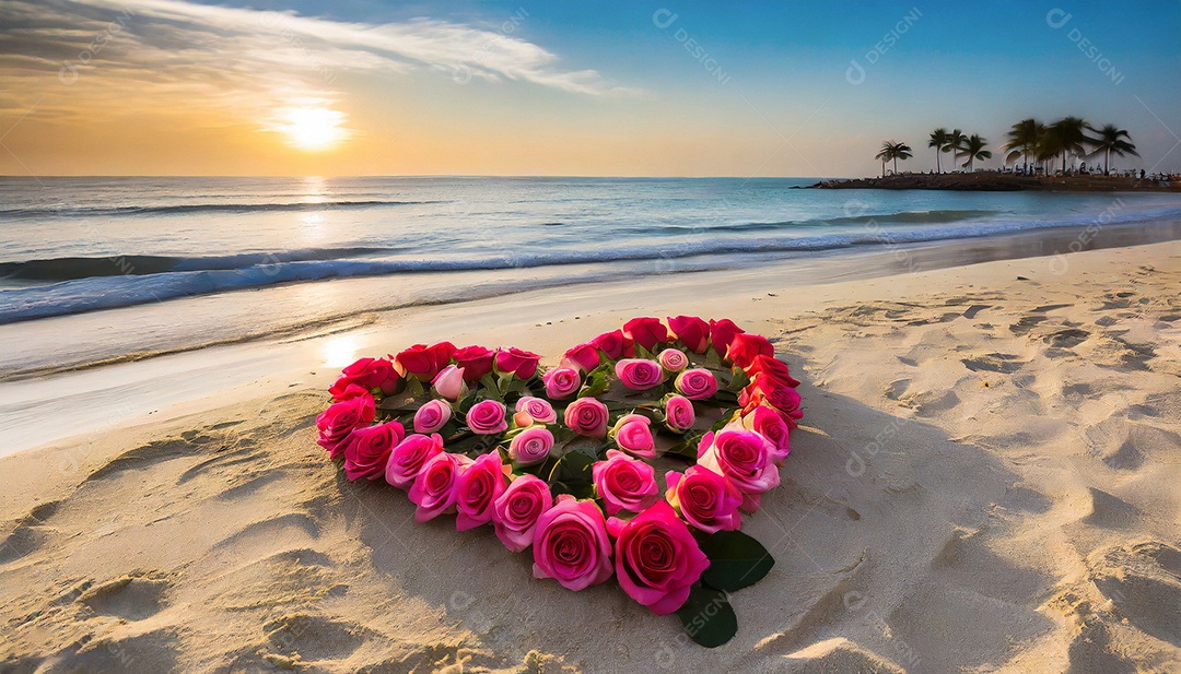 Coração feito de rosas na praia generativa IA