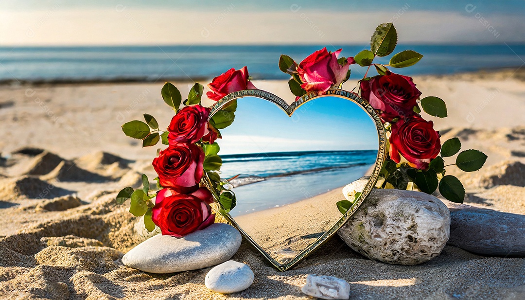 Espelho em forma de coração com rosas e pedra sentada em cima de uma praia de areia