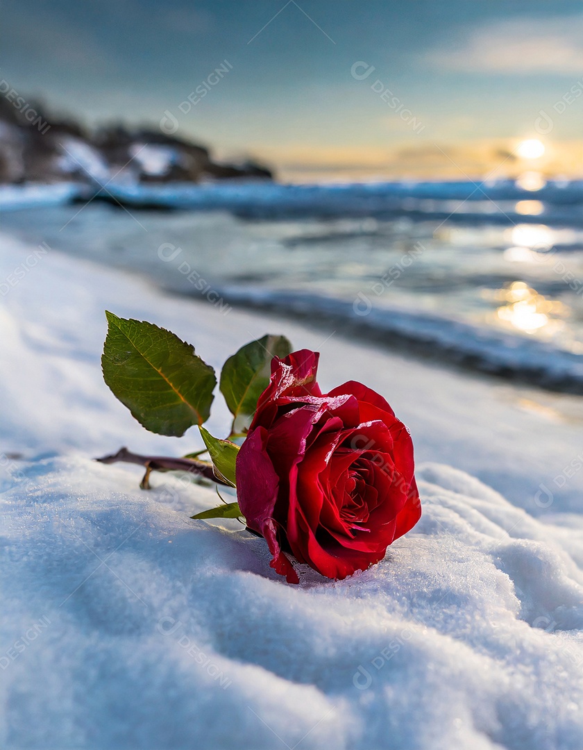 Rosa vermelha sentada em cima de uma foto generativa de IA de praia coberta de neve