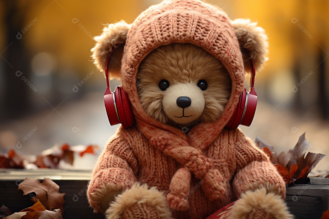 Ursinho de pelúcia com cachecol vermelho ouvindo música