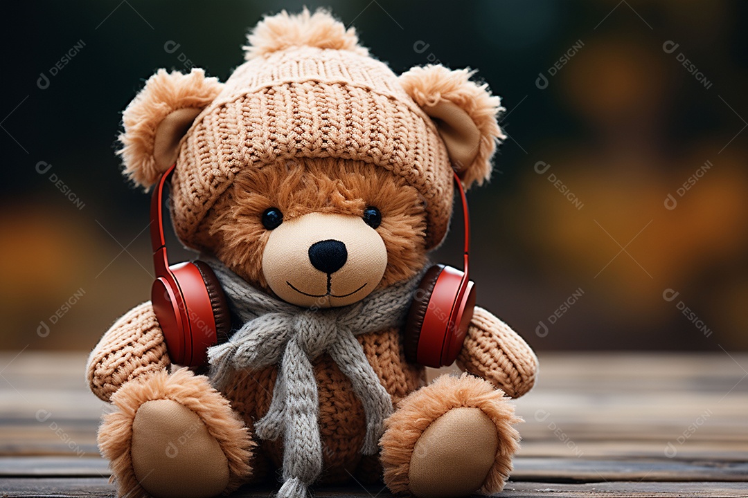 Ursinho de pelúcia com cachecol vermelho ouvindo música