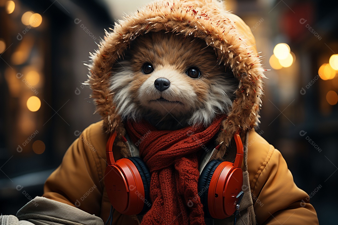 Ursinho de pelúcia com cachecol vermelho ouvindo música