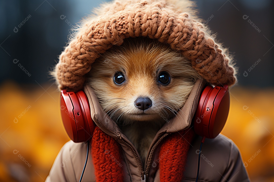 Ursinho de pelúcia com cachecol vermelho ouvindo música