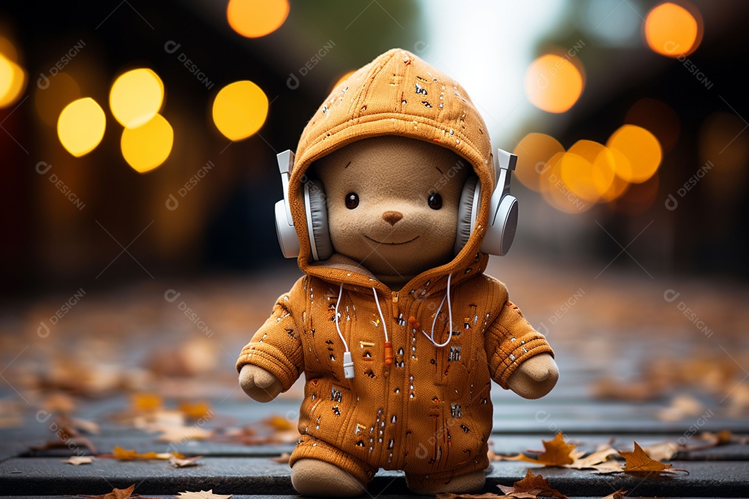 Ursinho de pelúcia com cachecol vermelho ouvindo música