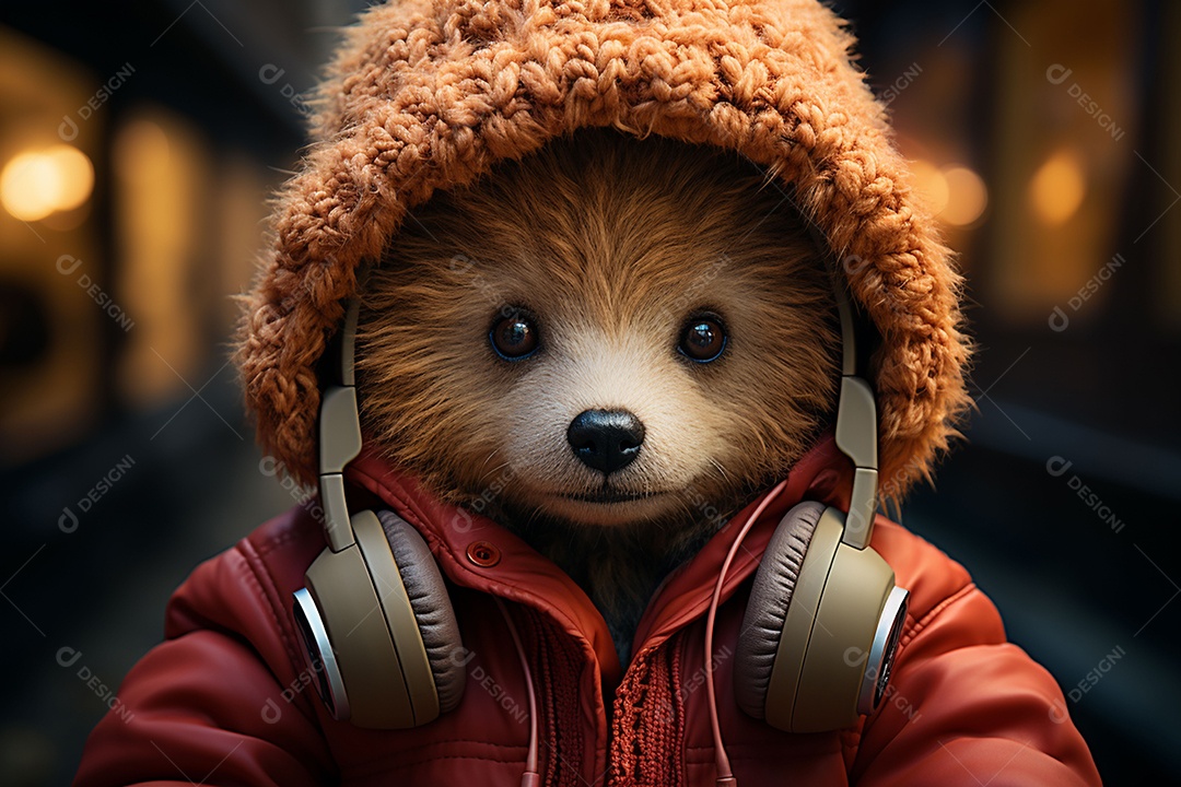 Ursinho de pelúcia com cachecol vermelho ouvindo música