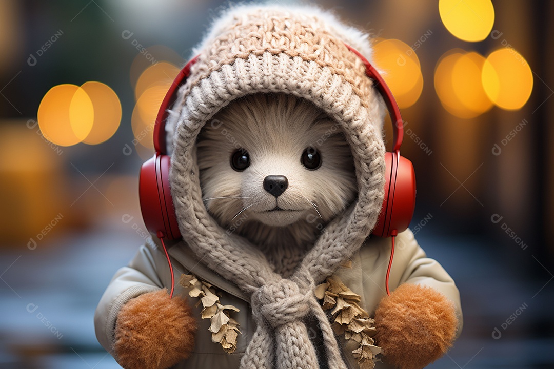 Ursinho de pelúcia com cachecol vermelho ouvindo música