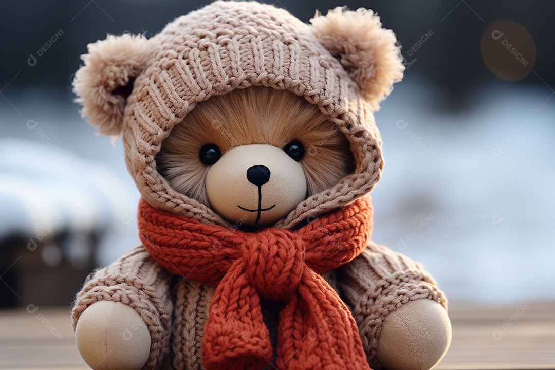 Ursinho de pelúcia com cachecol vermelho ouvindo música