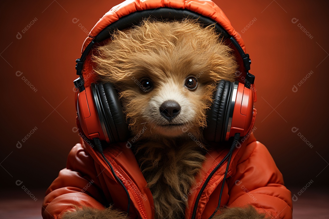 Ursinho de pelúcia com cachecol vermelho ouvindo música