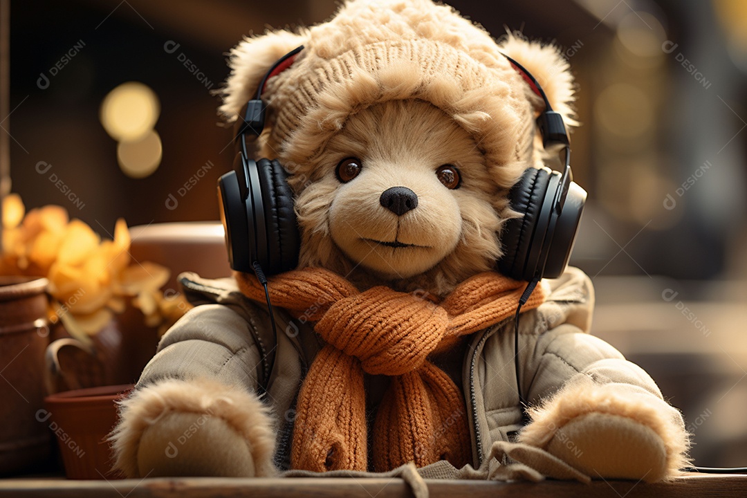 Ursinho de pelúcia com cachecol ouvindo música