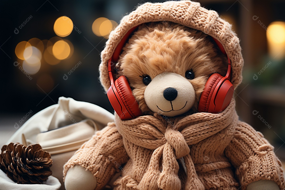 Ursinho de pelúcia com cachecol ouvindo música