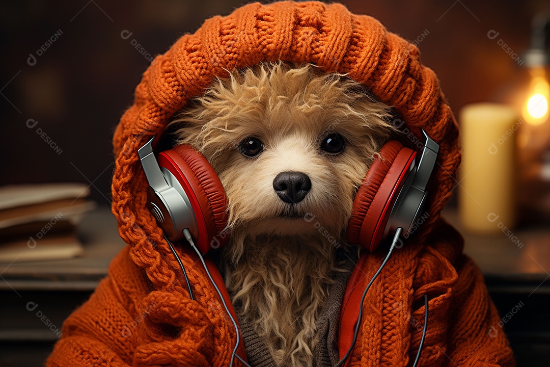 Ursinho de pelúcia com cachecol vermelho ouvindo música