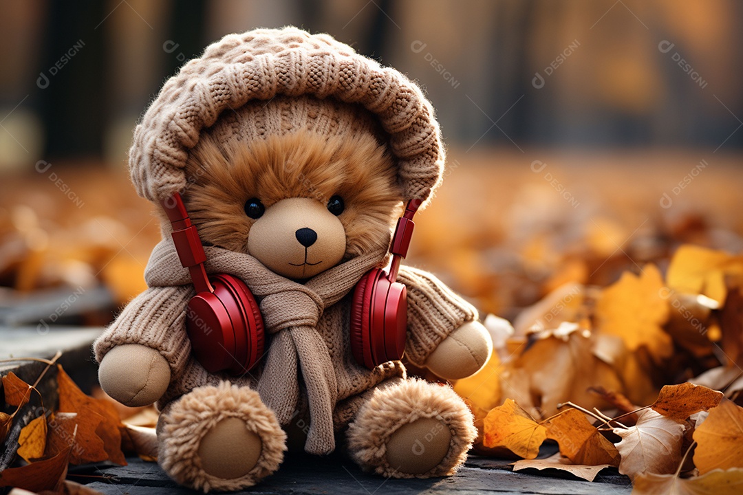 Ursinho de pelúcia com cachecol ouvindo música