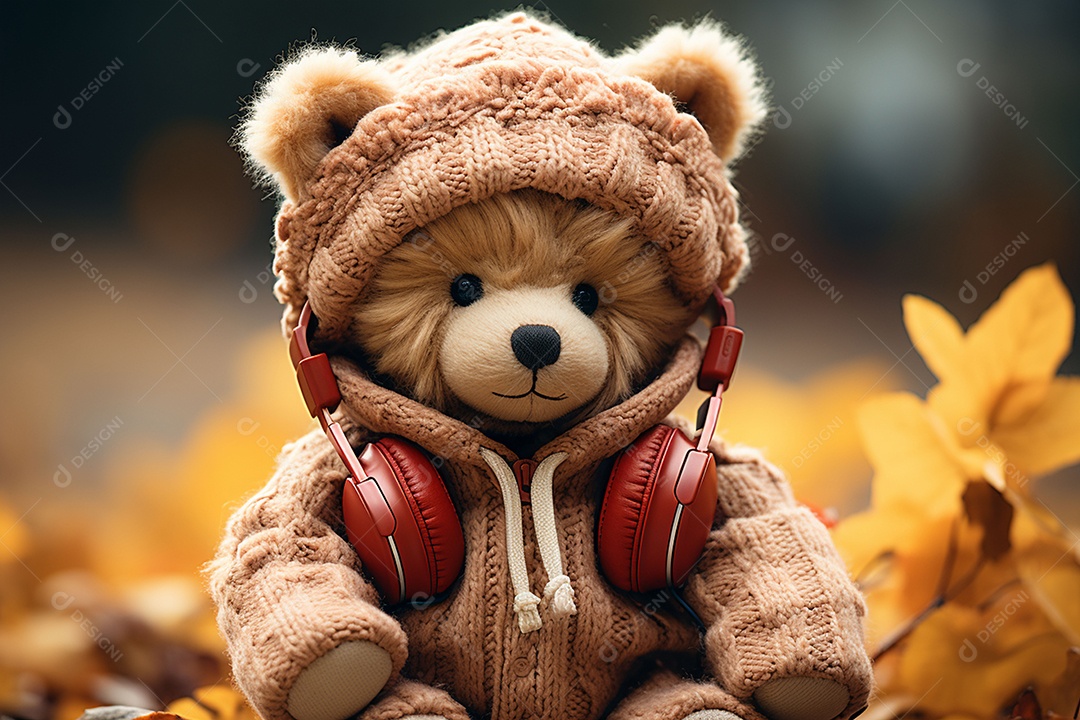 Ursinho de pelúcia com cachecol ouvindo música