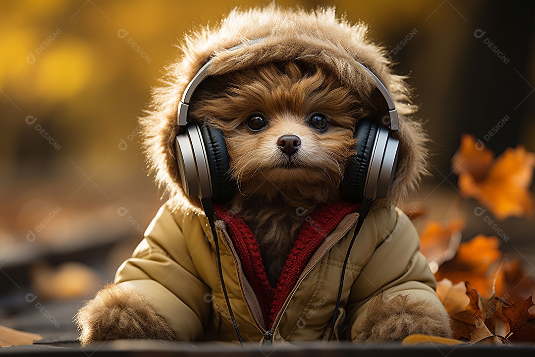 Ursinho de pelúcia com cachecol ouvindo música