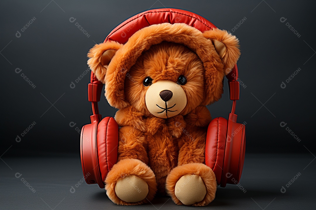 Ursinho de pelúcia com cachecol ouvindo música