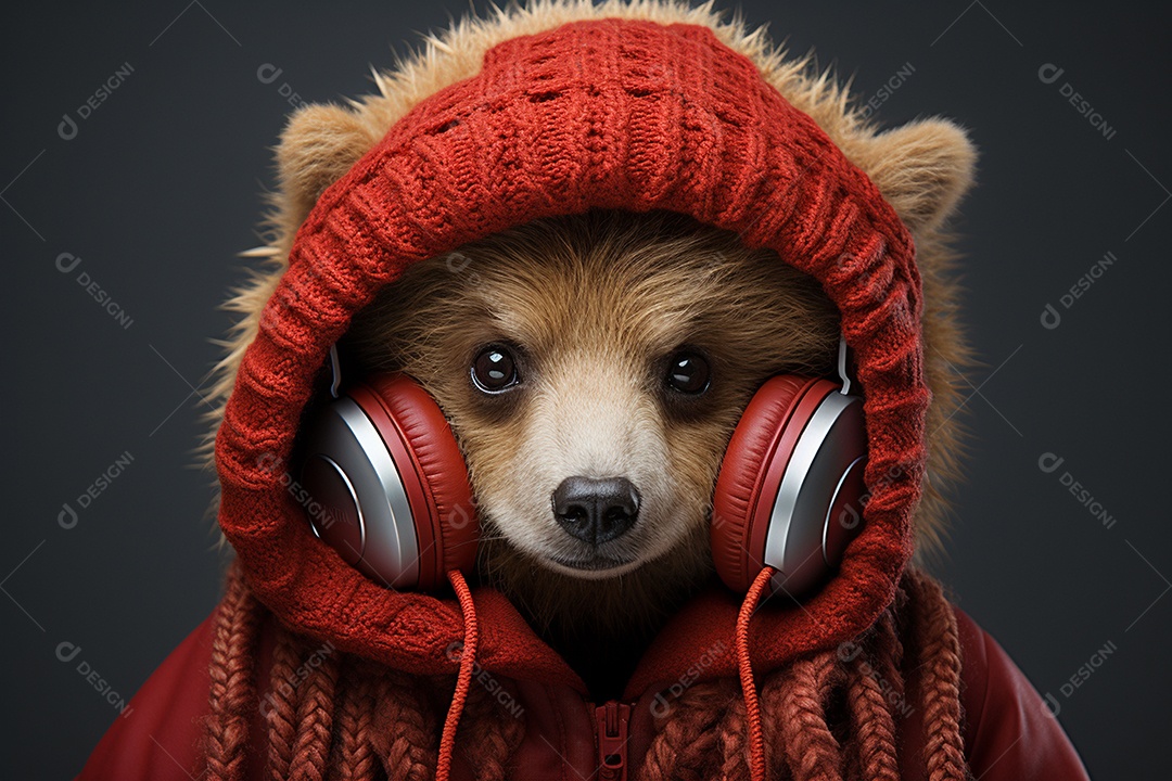 Ursinho de pelúcia com cachecol ouvindo música
