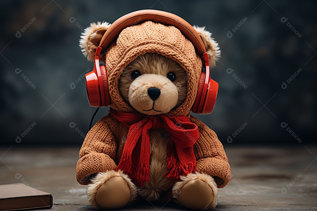 Ursinho de pelúcia com cachecol ouvindo música