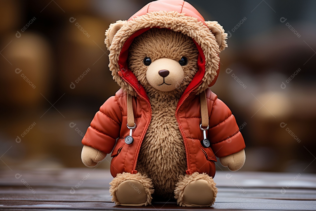 Ursinho de pelúcia com cachecol ouvindo música