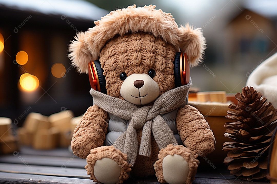 Ursinho de pelúcia com cachecol ouvindo música