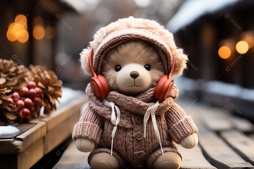 Ursinho de pelúcia com cachecol ouvindo música