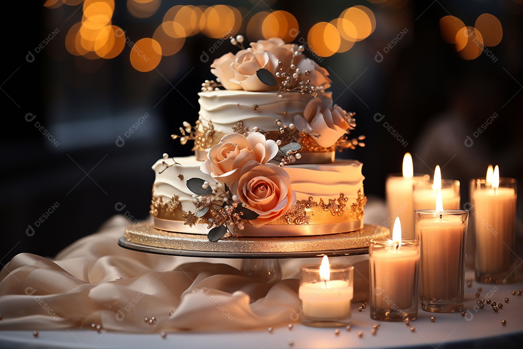 Bolo de casamento vintage com filtro de fundo bokeh