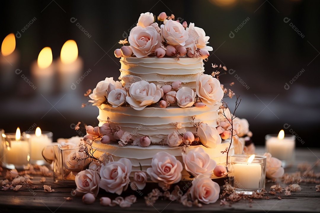 Bolo de casamento vintage com filtro de fundo bokeh