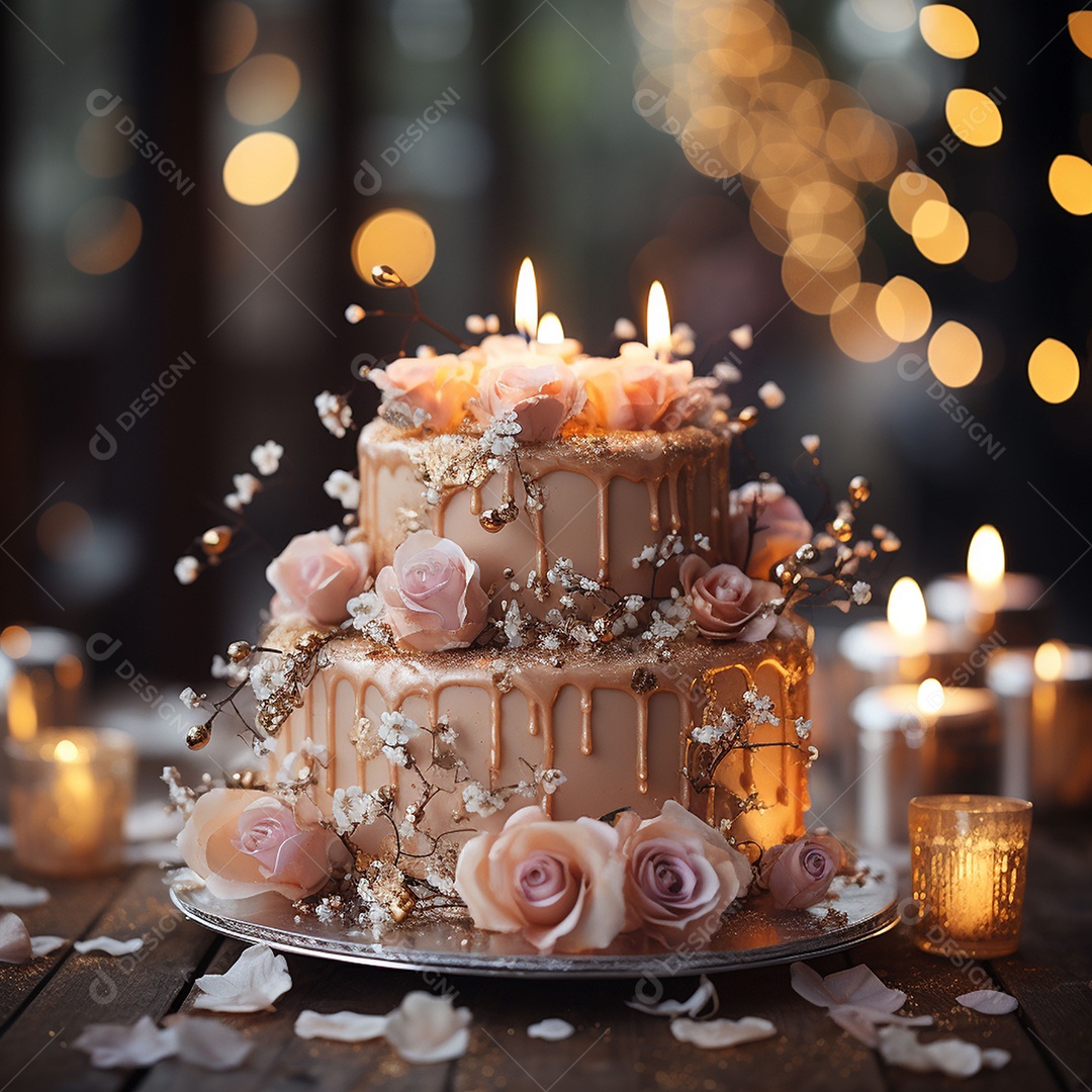 Bolo de casamento vintage com filtro de fundo bokeh