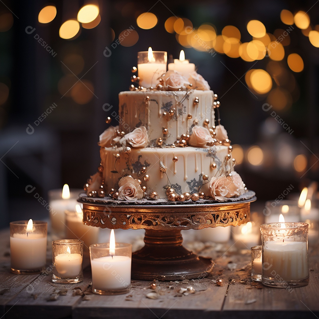 Bolo de casamento vintage com filtro de fundo bokeh