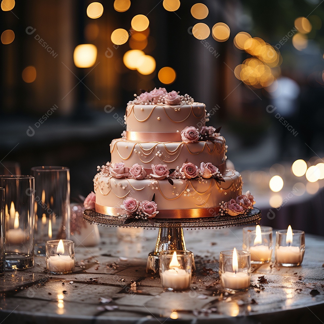 Bolo de casamento vintage com filtro de fundo bokeh