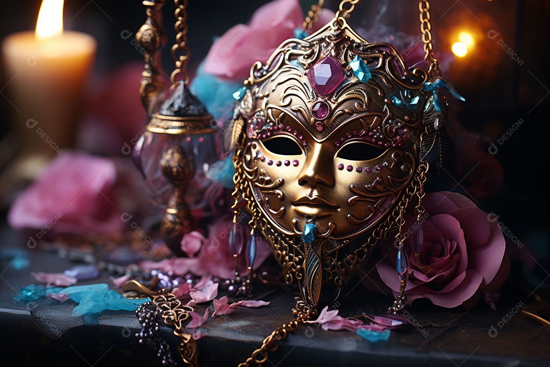 Máscara de carnaval veneziana em close-up uma linda decoração