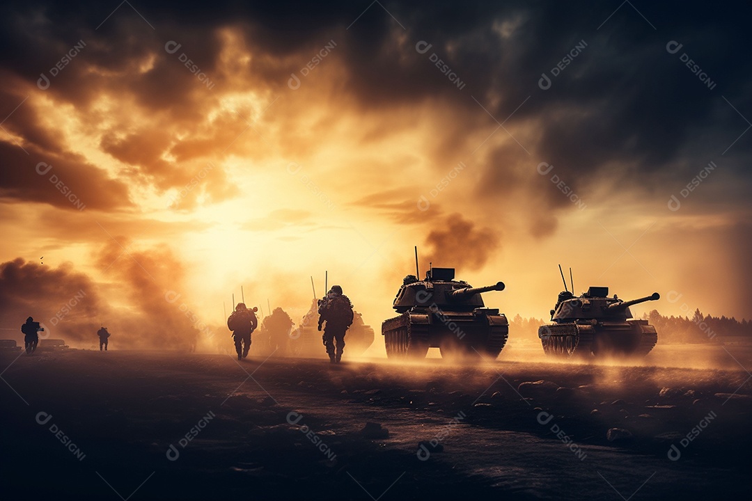 Conceito de guerra silhuetas militares cena de luta