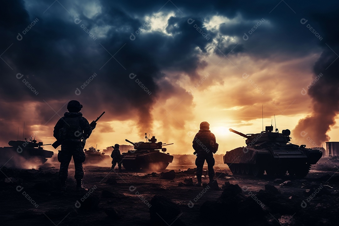 Conceito de guerra silhuetas militares cena de luta