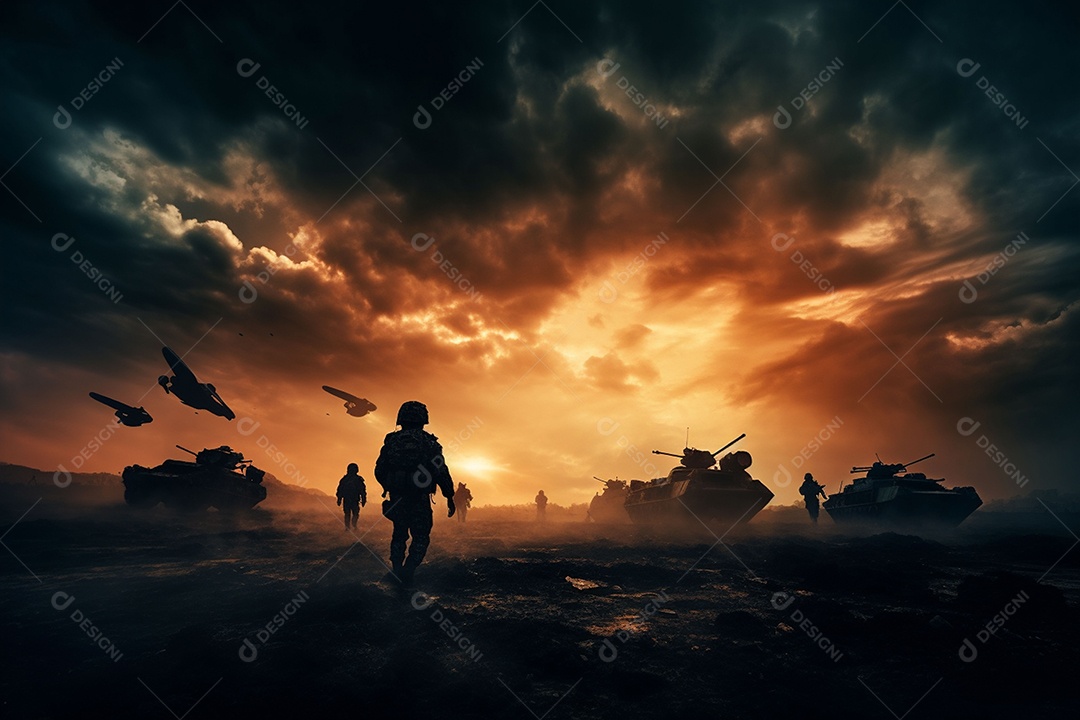Conceito de guerra silhuetas militares cena de luta