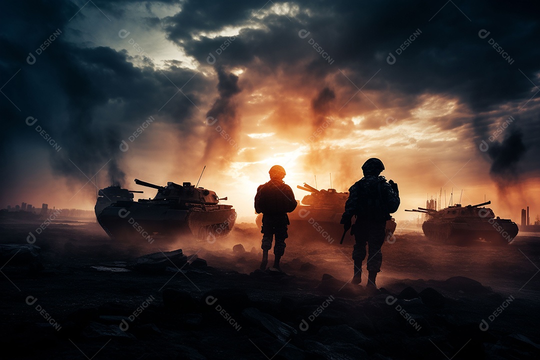 Conceito de guerra silhuetas militares cena de luta