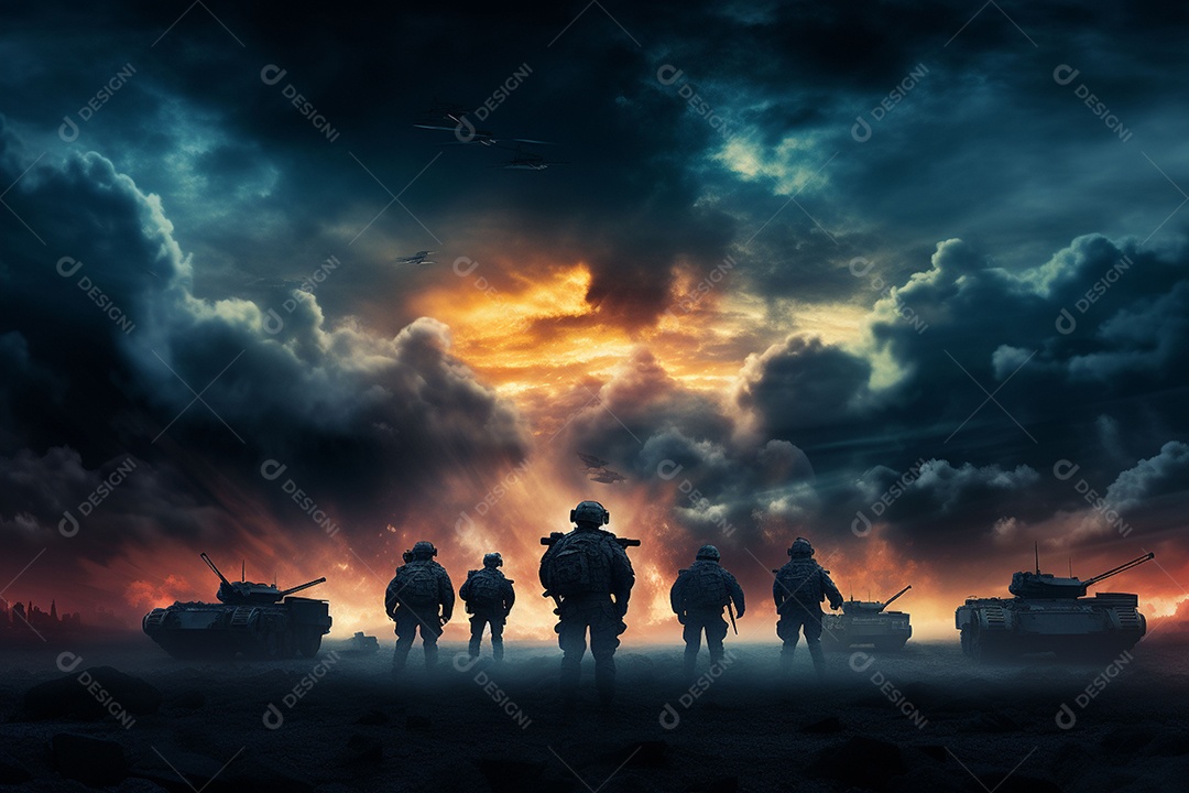 Conceito de guerra silhuetas militares cena de luta