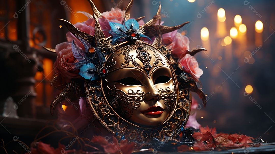 Máscara de carnaval veneziana em close-up uma linda decoração