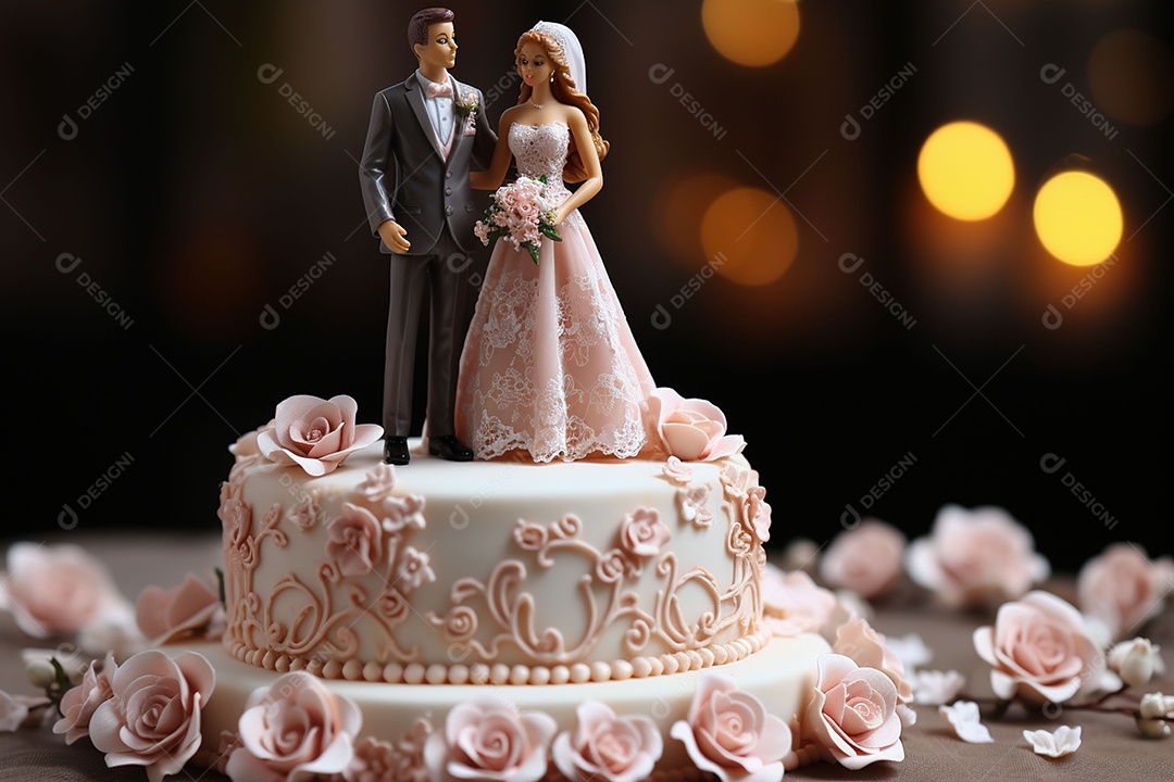 Bolo de casamento com estatueta de noivos