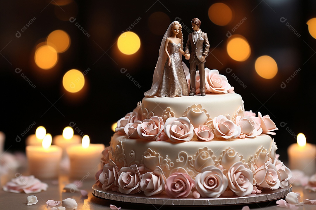 Bolo de casamento com estatueta de noivos