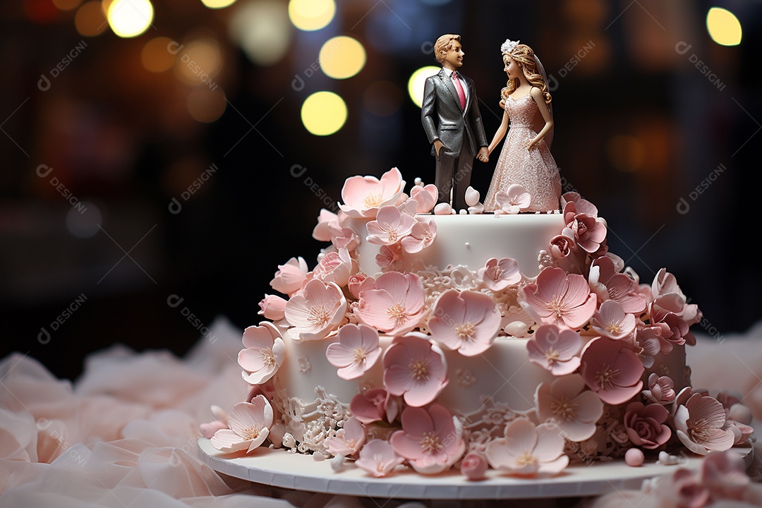 Bolo de casamento com estatueta de noivos