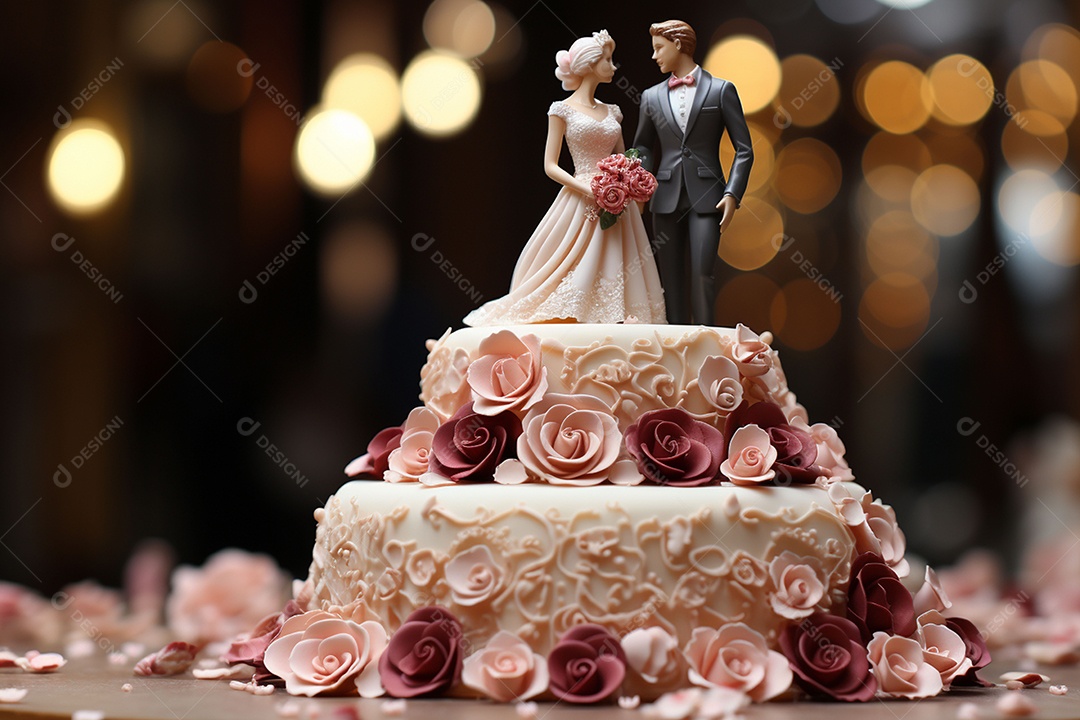 Bolo de casamento com estatueta de noivos