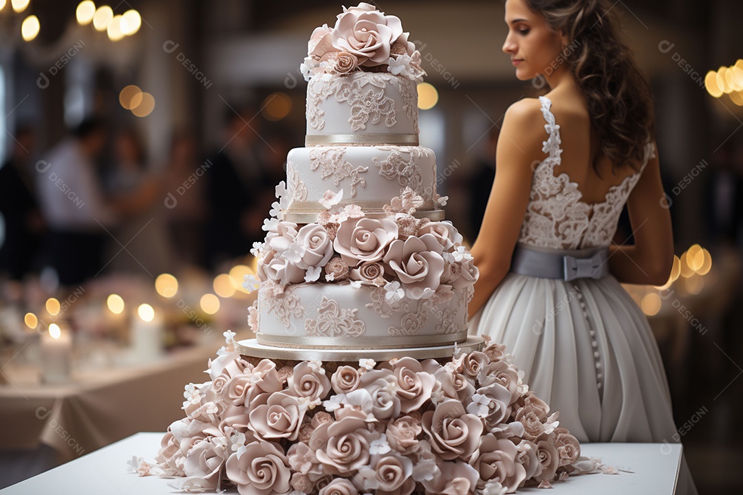 Bolo de casamento com estatueta de noivos