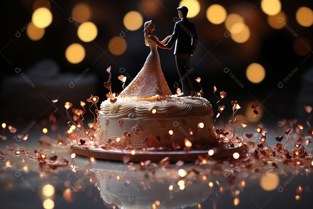 Bolo de casamento com estatueta de noivos