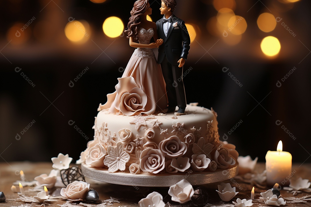 Bolo de casamento com estatueta de noivos