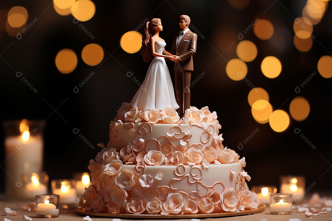 Bolo de casamento com estatueta de noivos