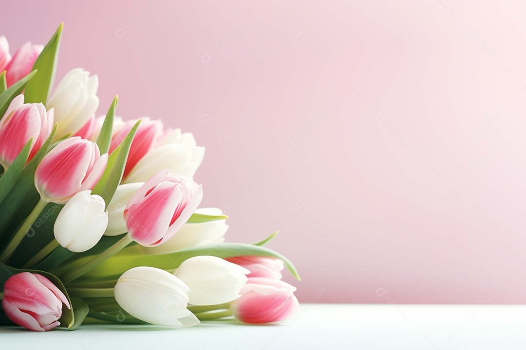 Fundo da primavera com flores de tulipa em fundo do rosa em 3D