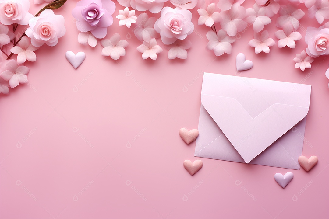 Fundo dias dos namorados com corações e envelope fofos com flores rosas em 3D
