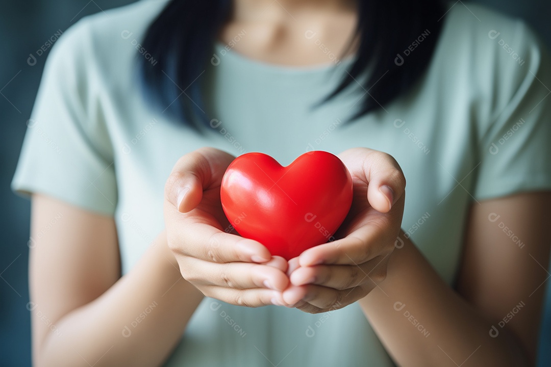 Mãos de mulher segurando coração vermelho com conceito de saúde IA