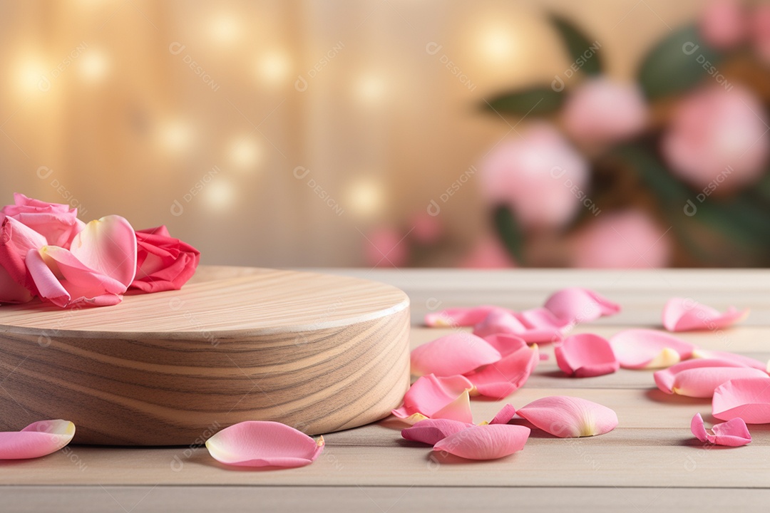Lindas pétalas de rosa sobre mesa de madeira em 3D IA