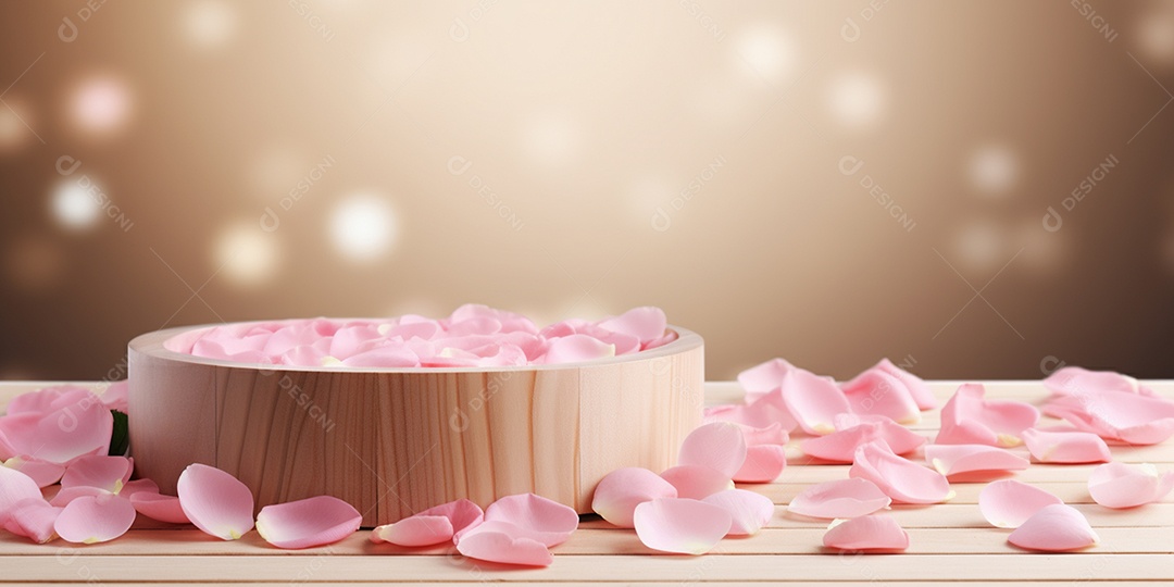 Lindas pétalas de rosa sobre mesa de madeira em 3D IA