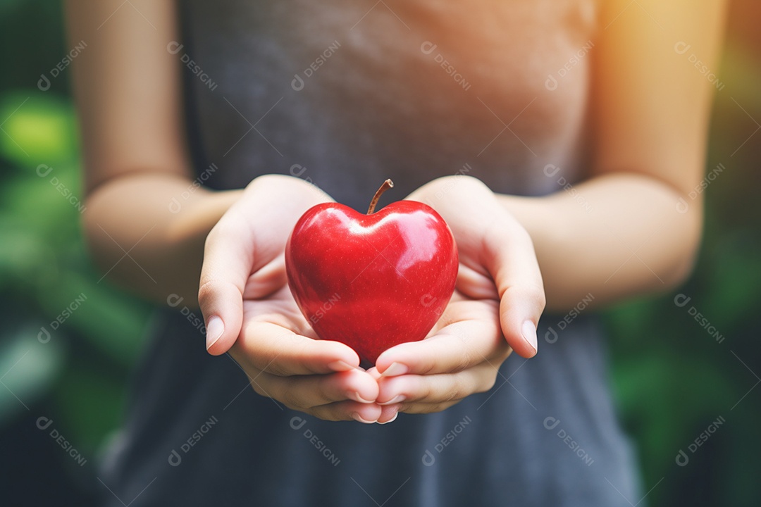 Mãos de mulher segurando coração vermelho com conceito de saúde IA